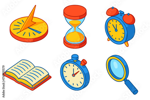 Vibrant Timekeeping Icons. Isometric vector illustration set Horology Study: sundial design, hourglass flow, clock alarm,