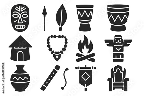 Tribal Elements Icons. Solid style icons of tribal elements: mask, spear, shield, drum, hut, necklace, ceremonial fire, carved