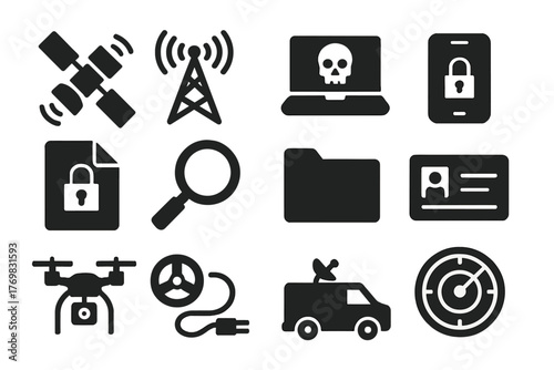 Intelligence Gathering Icons. Solid style icons of intelligence gathering: satellite, listening tower, hacking laptop, secure