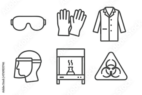 Lab Safety Icons. Line style icons of laboratory safety: safety goggles, gloves, lab coat, face shield, fume hood, hazard sign. No