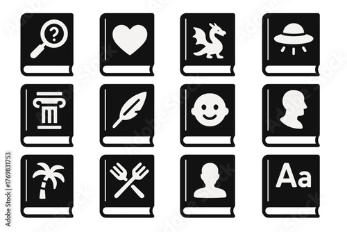 Literary Genre Icons. Solid style icons of literary genres: mystery novel, romance book, fantasy tome, science fiction cover,