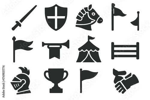 Knight Tournament Icons. Solid style icons of knight tournaments: jousting lance, tournament shield, horse armor, banner, trumpet,