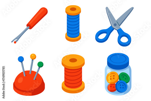 Colorful Sewing Tools. Isometric vector illustration set Sewing Accessories: needle tool, cotton thread, plastic spool, textile