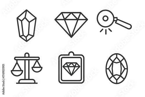 Gemstone Processing Icons. Line style icons of gemstone processing: raw crystal, cut diamond, polishing wheel, weighing scale,