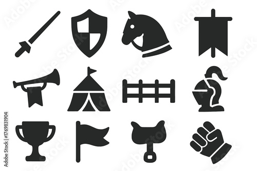 Knight Tournament Icons. Solid style icons of knight tournaments: jousting lance, tournament shield, horse armor, banner, trumpet,