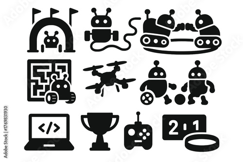 Robotic Competition Icons. Solid style icons of robotic competitions: obstacle course, line-following bot, sumo robot,