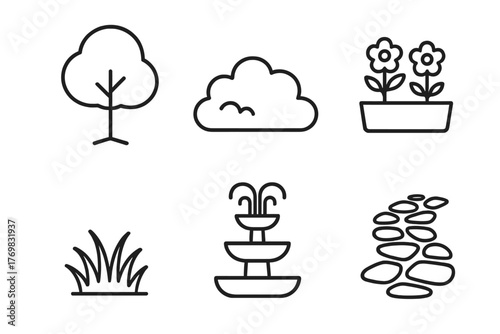 Line Style Landscape Icons. Line style icons of landscape elements: tree, bush, flower bed, grass patch, fountain, stone path. No
