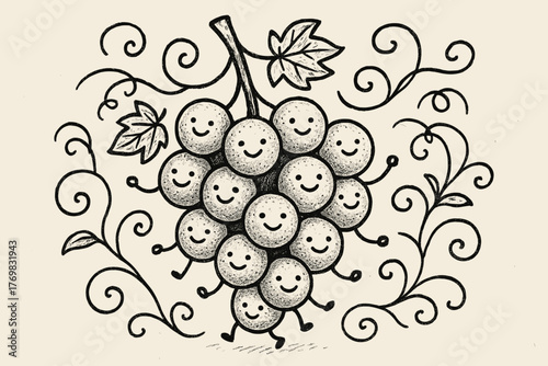 Joyful Grapes Dance. A doodle scene of a joyful bunch of grapes with glaucous coating, each grape smiling and holding hands, while