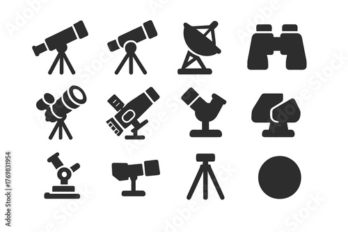 Solid Telescope Icons. Solid style icons of telescopes: refractor telescope, reflector telescope, radio telescope, binoculars,