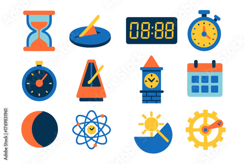 Vibrant Timekeeping Icons. Flat vector icons of timekeeping symbols: hourglass, sundial, digital clock digits, stopwatch, timer