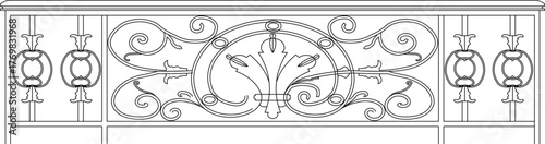 Horizontal wrought iron panel featuring a large central oval frame with an ornamental palmette and intricate flanking scrollwork. Elegant and classical balustrade insert.