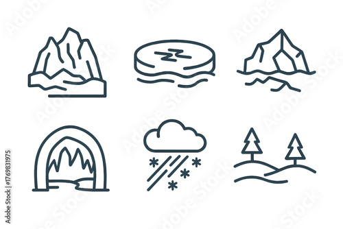 Ice Age Icons. Line style icons of Ice Age environment: glacier, frozen lake, iceberg, tundra landscape, icy cave, snowstorm. No