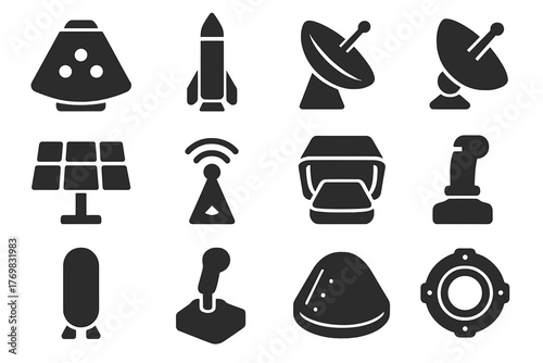 Spacecraft Technology Icons. Solid style icons of spacecraft technology: command module, booster rocket, ion engine, satellite