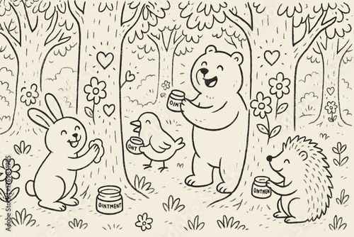 Joyful Forest Doodle. A doodle of a joyful forest where friendly animals rub ointments on tree trunks, making them sprout smiling