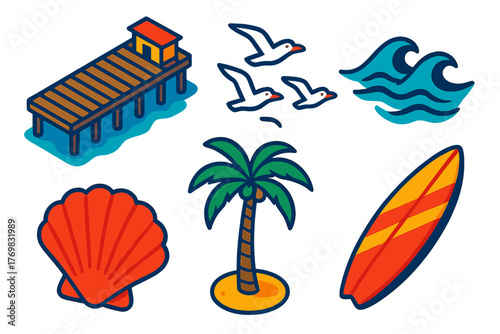 Beachside Icon Set. Isometric vector illustration set Beachside Icons: long pier, flock of seagulls, calm waves, scallop shell,