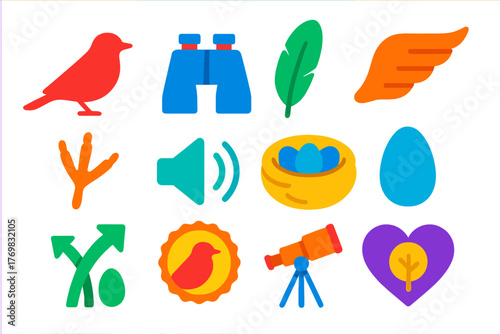 Birdwatching Icon Set. Flat vector icons of birdwatching symbols: bird silhouette, binoculars icon, feather icon, wing outline,