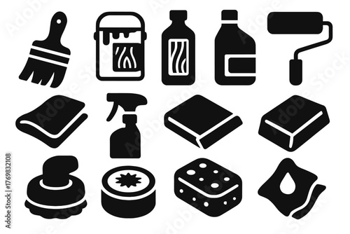 Wood Finishing Tools. Solid style icons of wood finishing: paintbrush, varnish can, stain bottle, roller brush, polishing cloth,