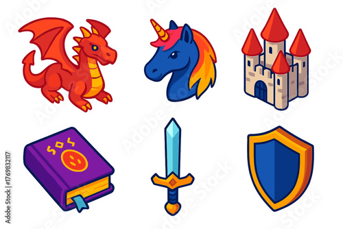 Mythical Icons Collection. Isometric vector illustration set Mythical Icons: dragon with wings, unicorn head, fairy-tale castle,