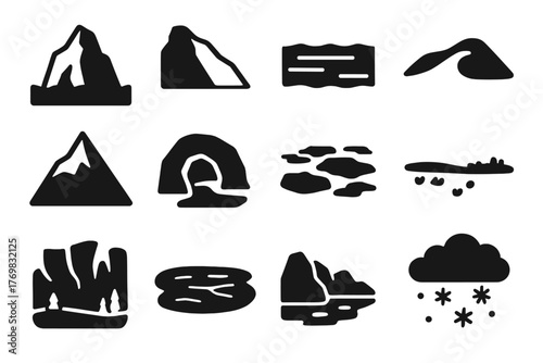 Arctic Icon Series. Solid style icons of arctic landscape: iceberg, glacier, frozen sea, snow dune, mountain peak, ice cave, drift
