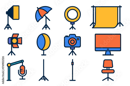 Photography Studio Icons. Flat vector icons of studio photography: softbox, umbrella light, ring light, backdrop stand, studio