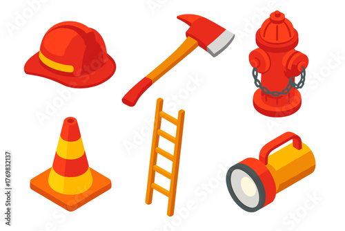Fire Safety Gear Icons. Isometric vector illustration set Fire Safety Gear: sturdy helmet, classic axe, hydrant with chains,
