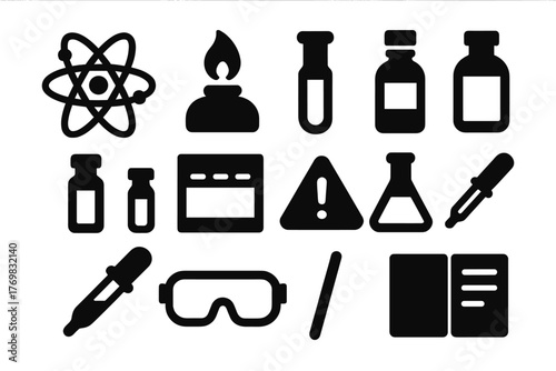 Chemistry Lab Icons. Solid style icons of chemistry lab: atom model, burner flame, test tube, reagent bottle, chemical vial, fume