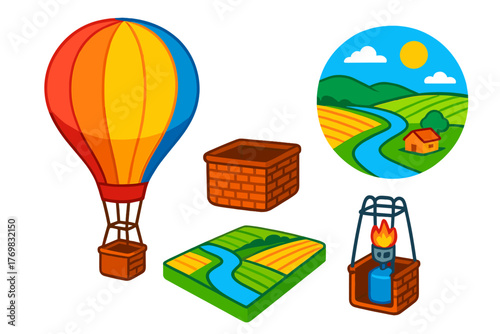 Colorful Countryside Balloon. Isometric vector illustration set Balloon in Countryside: large round balloon, rustic basket, gas