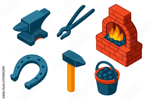 Blacksmith Tools Icons. Isometric vector illustration set Blacksmith Workshop: heavy anvil, blacksmith tongs, burning forge, iron