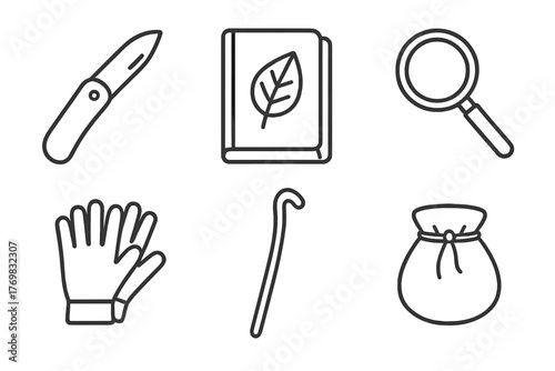 Foraging Tools Icons. Line style icons of foraging tools: pocket knife, field guide, magnifying glass, gloves, walking stick,