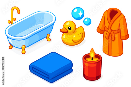 Luxury Bathhouse Icons. Isometric vector illustration set Luxury Bathhouse: modern bathtub, golden rubber duck, sparkling bubbles,