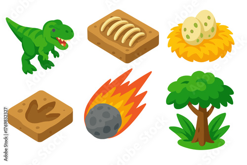 Colorful Dinosaur Icons. Isometric vector illustration set Dinosaur Era: T-Rex predator, fossil ribcage, egg nest, fossilized