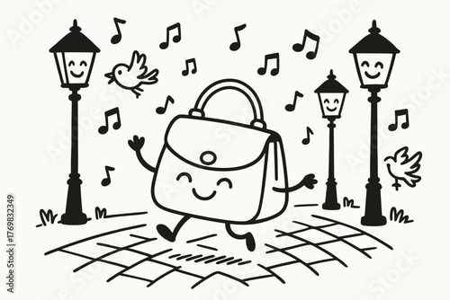 Skipping Reticule Joy. A doodle of a reticule with tiny arms and legs skipping down the street, surrounded by cheerful lampposts,