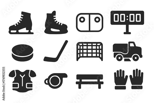 Ice Skating Icons. Solid style icons of ice skating: figure skates, hockey skates, rink, scoreboard, puck, hockey stick, goal net,