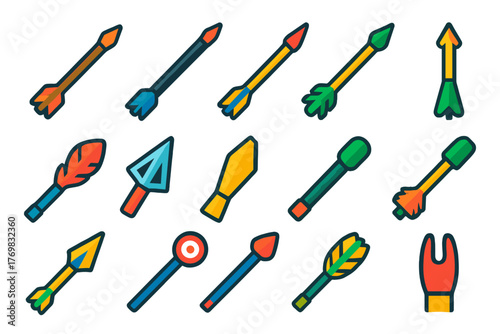Colorful Arrow Icons. Flat vector icons of arrows: wooden arrow, carbon arrow, aluminum arrow, fiberglass arrow, arrow with