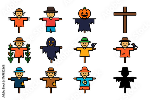 Colorful Scarecrow Icons. Flat vector icons of scarecrows: traditional straw scarecrow, scarecrow with hat, scarecrow with pumpkin