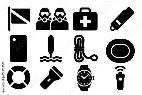 Diving Safety Icons. Solid style icons of diving safety: dive flag, buddy pair, first aid kit, emergency whistle, signaling mirror