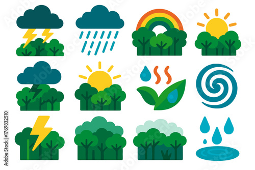 Rainforest Weather Icons. Flat vector icons of rainforest weather: tropical storm cloud, heavy rainfall, rainbow in jungle,