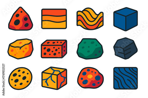 Geology Icon Set. Flat vector icons of rock types: igneous rock, sedimentary layers, metamorphic fold, basalt block, sandstone