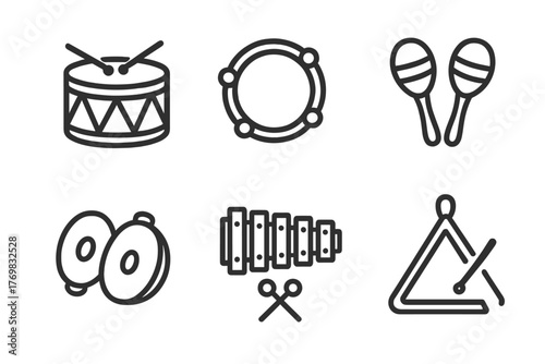 Percussion Icon Set. Line style icons of percussion instruments: drums, tambourine, maracas, xylophone, cymbals, triangle. No text