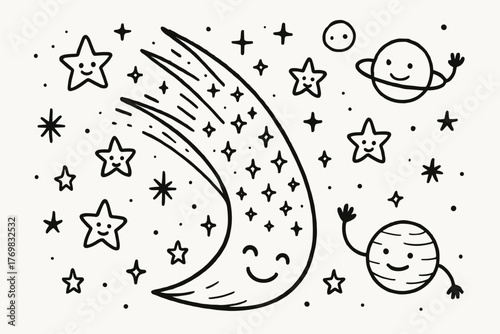 Comet and Celestial Dance. A doodle scene of a falcate comet streaking through the sky, its hooked tail sparkling with happy stars