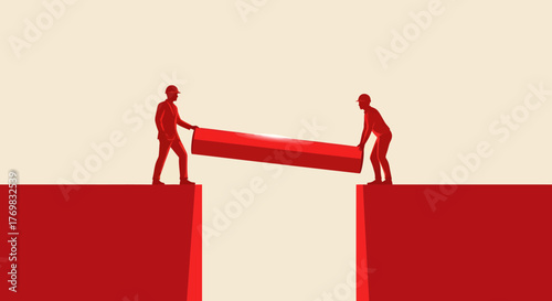 Two red silhouette figures work together to build a bridge over a chasm, symbolizing teamwork and connection.