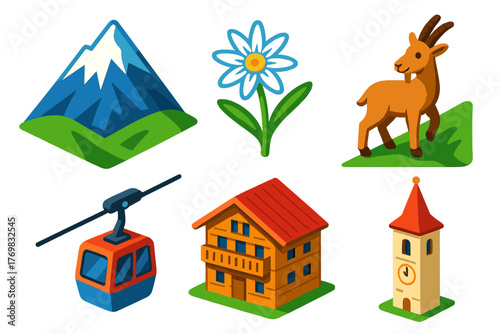 Alpine Village Icons. Isometric vector illustration set Alpine Village: snow mountain peak, alpine edelweiss, goat on slope, cable