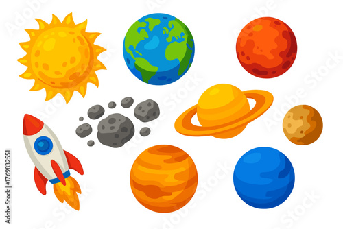 Colorful Solar System Icons. Isometric vector illustration set Solar System Planets: bright sun, blue earth, red mars, ringed