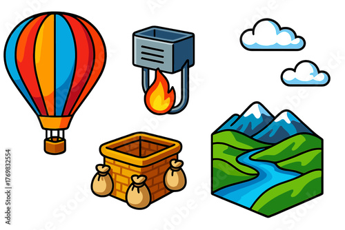 Vibrant Balloon Adventure. Isometric vector illustration set Scenic Balloon Ride: striped hot air balloon, basket with sandbags,