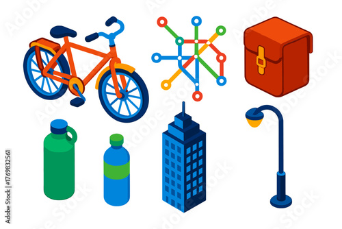 Urban Bicycle Icons. Isometric vector illustration set Urban Bicycle Touring: city bicycle, metro map, leather pannier, eco water