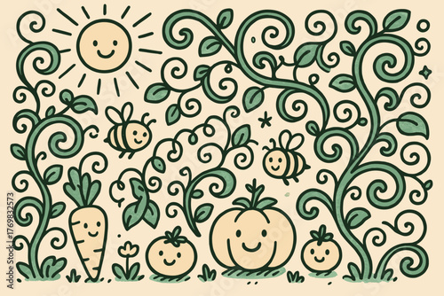 Cozy Garden Doodle. A doodle illustration of a cozy garden filled with smaragdine vines, smiling vegetables, cheerful bees, and