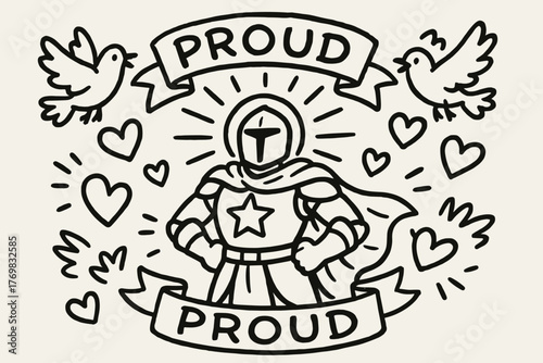 Radiant Hero Celebration. A doodle illustration of an eidolon shaped like a radiant hero, surrounded by proud smiling banners,