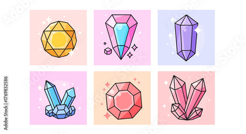 Illustration of six colorful gems and crystals with outlines on a light pink background.