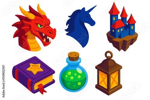 Magical Creatures Icons. Isometric vector illustration set Magical Creatures: dragon head, unicorn silhouette, floating castle,