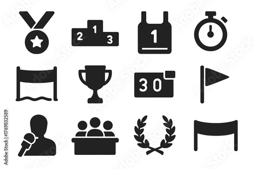 Winter Sports Icons. Solid style icons of winter competition: gold medal, podium, racing bib, stopwatch, finish line, trophy,